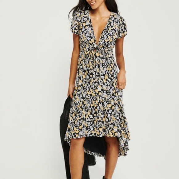 Abercrombie & Fitch Dresses & Skirts - NWT $88 Abercrombie & Fitch Ruffle Hem Midi Dress in Black/Yellow/Floral in XS!